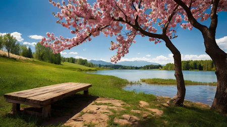 Wooden table and sakura flowers on the lake shore. Spring landscapeの写真素材