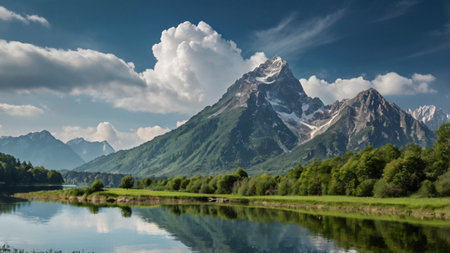 Mountain lake in the Swiss Alps. Panoramic view.の写真素材