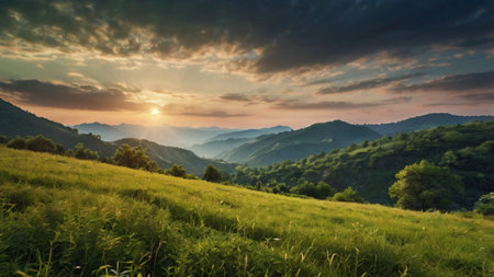 Sunset in the mountains. Beautiful summer landscape. Carpathians, Ukraine.の写真素材