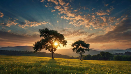 Sunset in the meadow with two trees and yellow flowers.