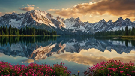 Mountains reflected in the lake with flowers and reflection of the skyの写真素材