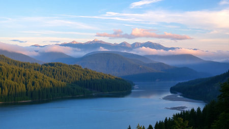 Beautiful view of the mountains and the lake in the morning.の写真素材