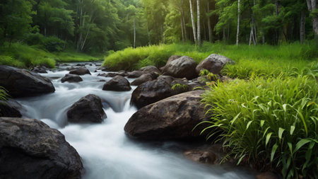 Mountain river in the forest. Beautiful nature scene with water stream.の写真素材