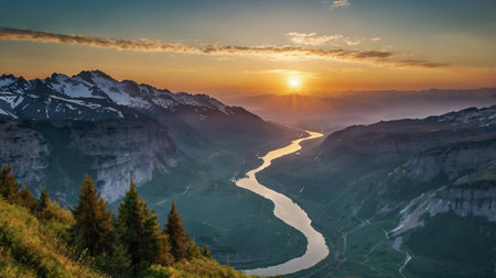 Panoramic view of the Swiss Alps at sunset, Switzerland.の写真素材