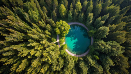Aerial view of a lake in the middle of a green forest