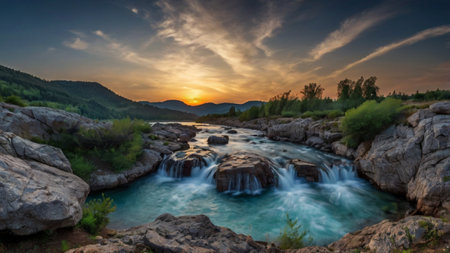 Panoramic view of a mountain river with a beautiful sunset in the backgroundの写真素材