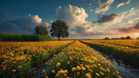Sunset in a field of yellow buttercups and a tree
