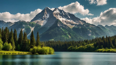 Panoramic view of the mountain lake. Mountain lake landscape.の写真素材