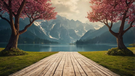 Wooden boardwalk in front of a mountain lake with pink flowersの写真素材