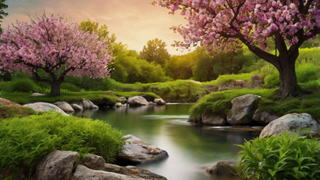 Beautiful spring landscape with blooming sakura flowers and small river
