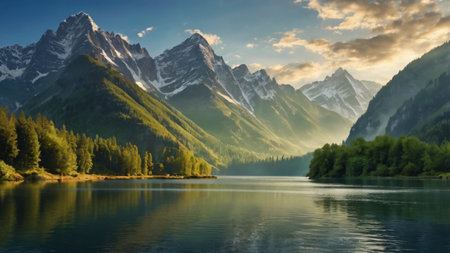 Panoramic view of alpine lake and mountains at sunset.の写真素材