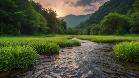 Landscape view of the mountain river and forest at sunset time.の写真素材