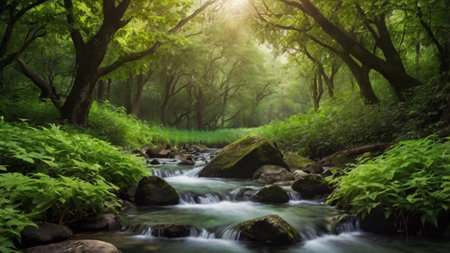 beautiful waterfall in the green forest with sunlight and lens flare effectの写真素材
