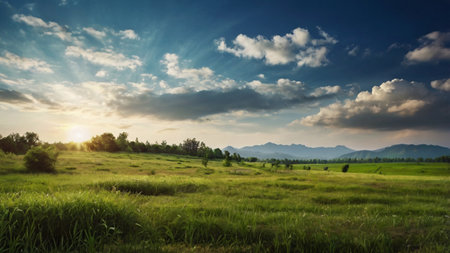 Beautiful summer landscape with green meadow and mountains in the backgroundの写真素材