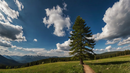Beautiful mountain landscape with pine tree in the foreground and blue sky with clouds