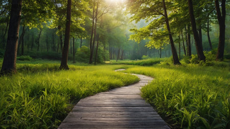 Wooden path in the green forest at sunrise. Nature background.の写真素材