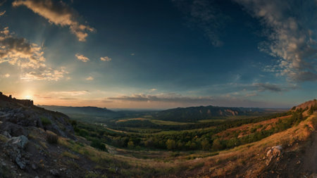 Panoramic view of the sunset in the mountains. Ukraine.