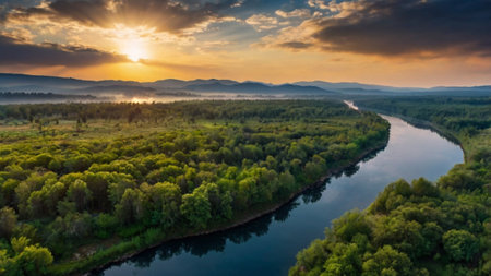 Aerial view of river and forest at sunset. Beautiful summer landscape