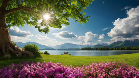 Beautiful summer landscape with mountain lake and rhododendron flowers