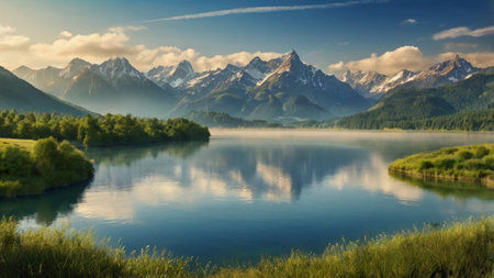 panoramic view of alpine lake with reflection of mountains in waterの写真素材
