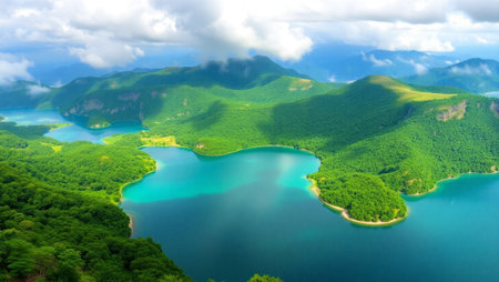 Panoramic aerial view of a beautiful lake surrounded by green mountains