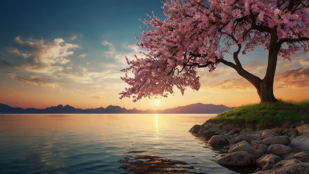 Cherry blossoms on the lake at sunset. Spring landscape.の写真素材