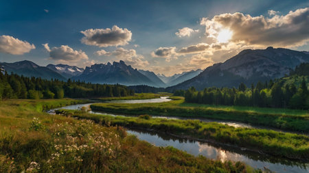Panoramic view of the mountain river in the Altai mountains.の写真素材