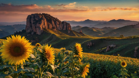 Sunflower field in the mountains at sunset. Beautiful summer landscape.の写真素材