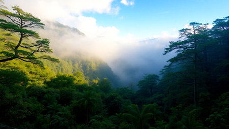 Foggy morning in the tropical rainforest of New Zealand.