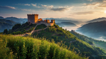 Panoramic view of the medieval castle in the fog at sunrise