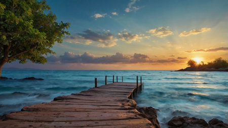 Wooden bridge leading to the sea at sunset, Koh Samui, Thailandの写真素材