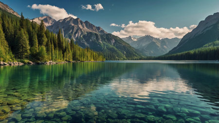 Mountain lake with reflection of mountains and clouds in the water.の写真素材