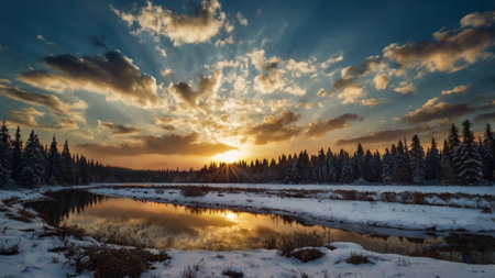 Beautiful winter landscape with a frozen river and sunset in the background