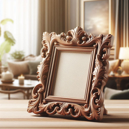 Classic wooden photo frame on table in living room. Mock up, 3D Rendering