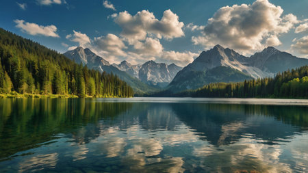 Panoramic view of Karagol (Black lake) in Dolomites, Italy.の写真素材
