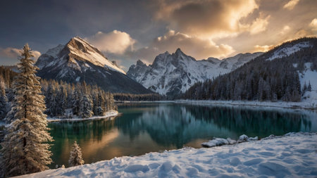 Wonderful winter landscape of Lake Misurina, Dolomites, Italyの写真素材