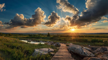 Beautiful sunset over the river in summer. Landscape with river and clouds