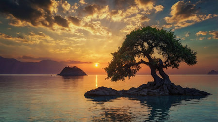 Bonsai tree at sunset on the island of Corfu Greeceの写真素材