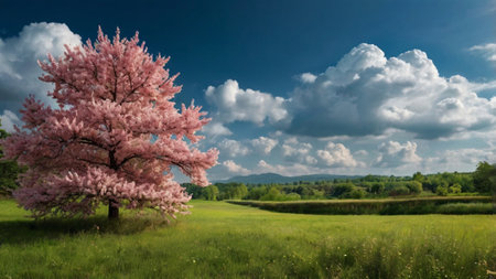 Spring landscape with pink cherry blossoms on meadow and blue skyの写真素材