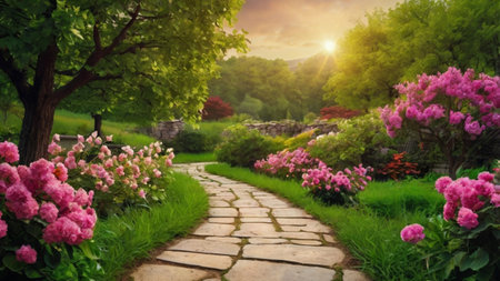 Beautiful spring garden with blooming flowers and stone path at sunsetの写真素材