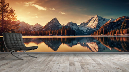 Composite image of mountain lake and armchair against wooden floor