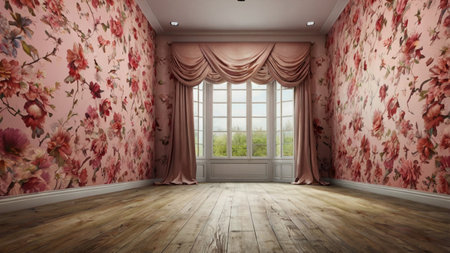 3D render of an empty room with a window and floral wallpaperの写真素材