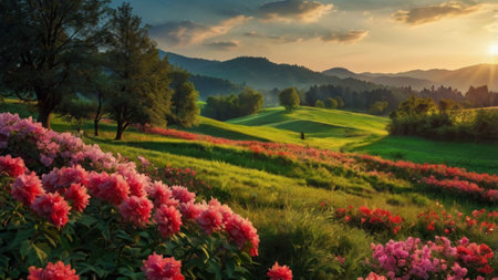 Beautiful summer landscape with rhododendron flowers in the morningの写真素材