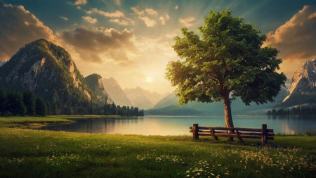 Landscape with lake and wooden bench at sunset. Austria, Europeの写真素材