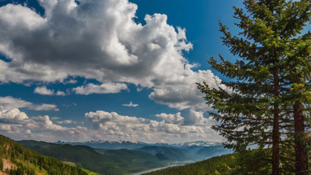 Mountain landscape with coniferous forest and blue sky with cloudsの写真素材