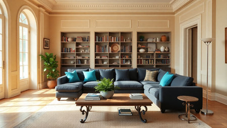 Living room interior with sofa, coffee table and bookshelf. 3d render