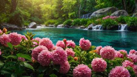 Pink roses blooming with waterfall background in the tropical forest, nature backgroundの写真素材