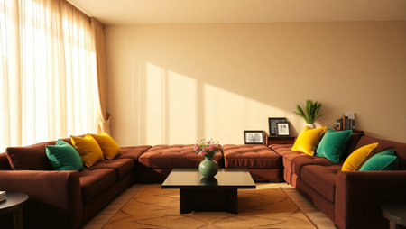 Interior of modern living room with brown sofa and black coffee table