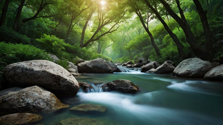 Mountain river flowing through the green forest. Nature landscape background.の写真素材