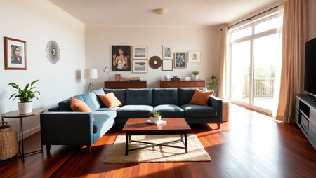 Interior of modern living room with blue sofa, coffee table and paintingsの写真素材